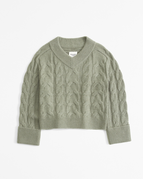 Easy V-Neck Cable Sweater, Frosty Olive