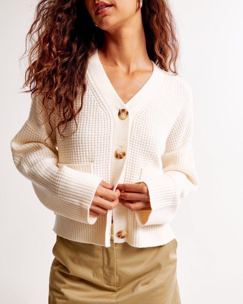 Cream Waffle Cardigan