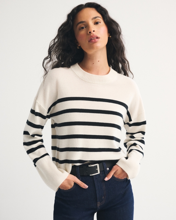 Cashmere Crew Sweater, White Stripe view 1
