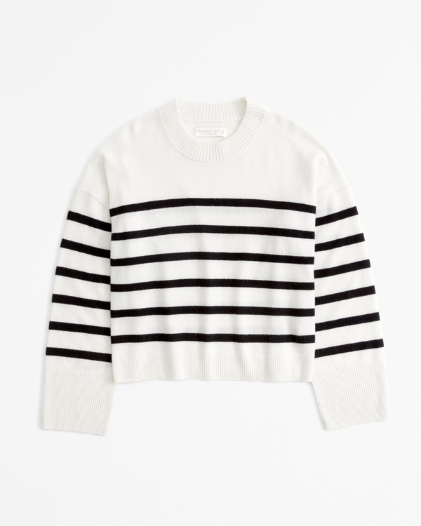 Cashmere Crew Sweater, White Stripe view 1