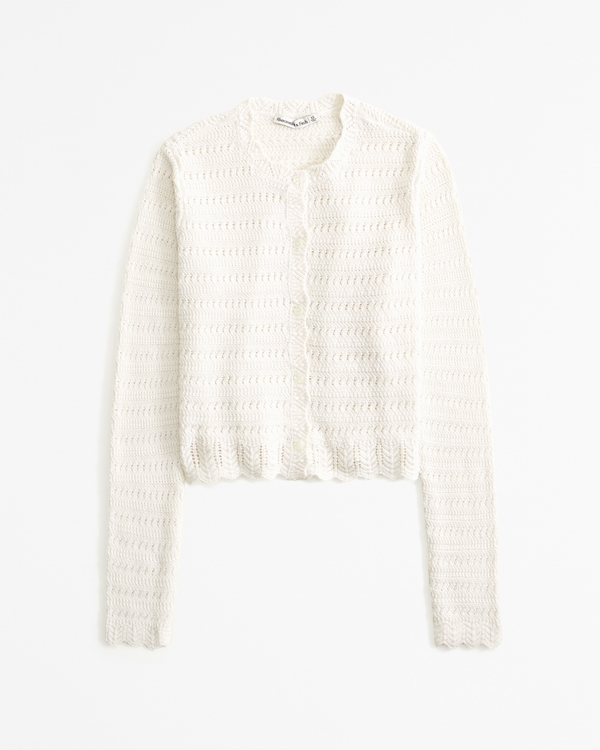 Crochet-Style Slim Crew Cardigan, Cream