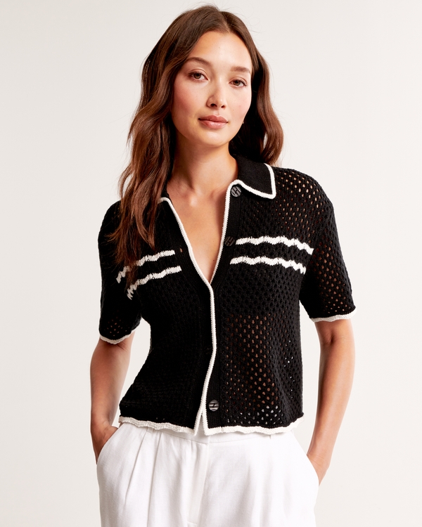 Crochet-Style Button-Up Polo, Black