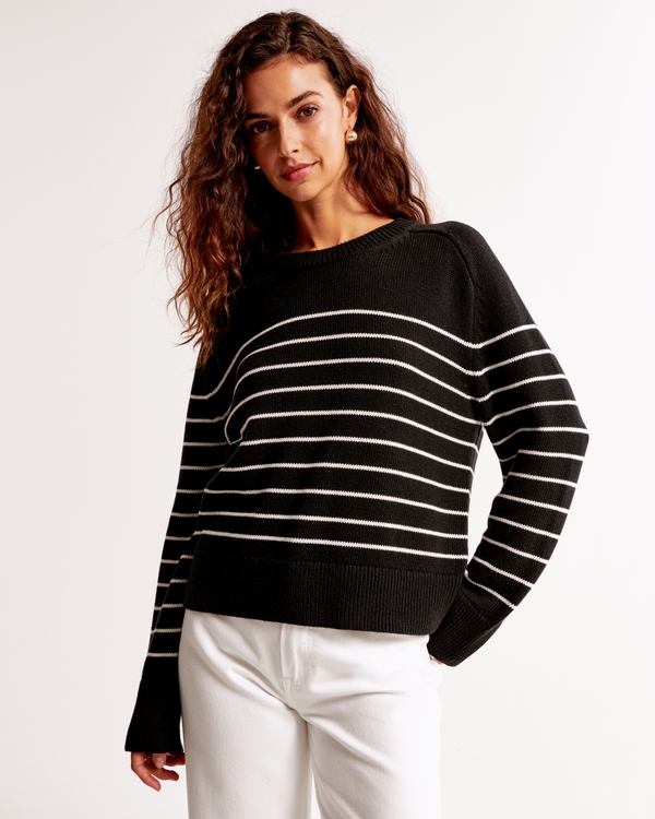 The A&F Madeline Cotton-Blend Crew Sweater, Black Stripe