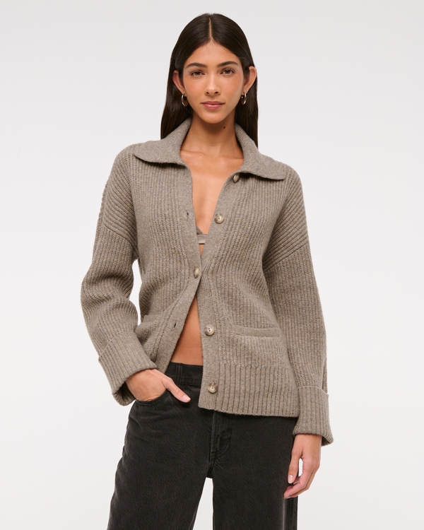 Ribbed Collared Cardigan, Light Brown