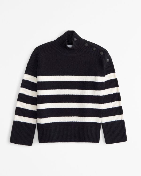 Button Detail Mockneck Sweater, Black Stripe view 1