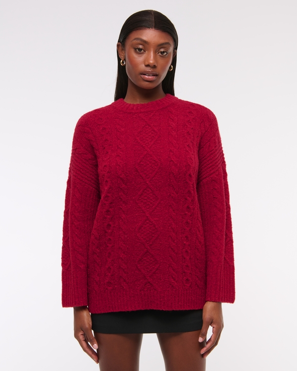 Relaxed Lounge Cable-Knit Crew Sweater, Red view 1