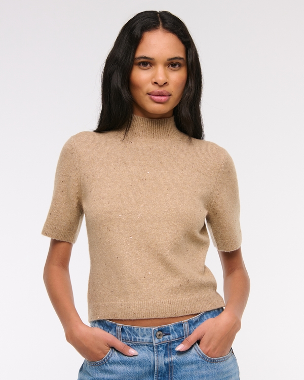 Lurex Mockneck Sweater Tee, Brown Shine view 1