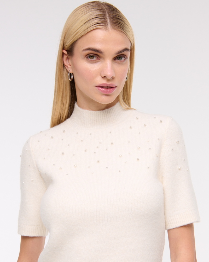 Pearl Embellished Mockneck Sweater Tee