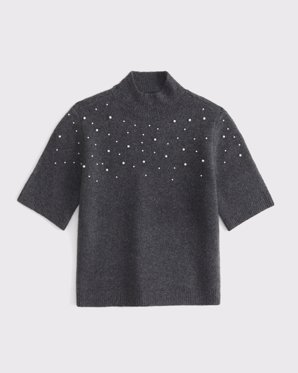Pearl Embellished Mockneck Sweater Tee, Dark Gray view 1