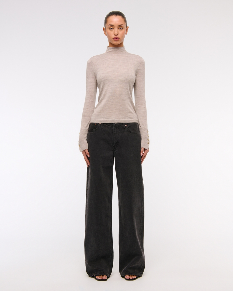 Merino Wool Button Sleeve Mockneck Top