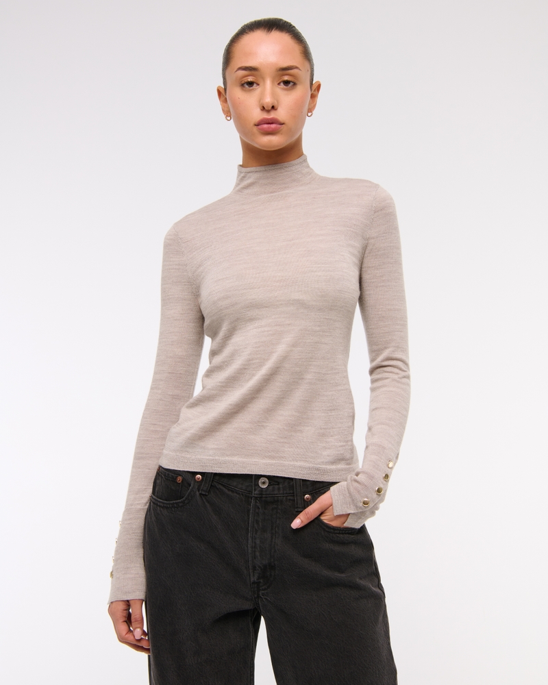 Merino Wool Button Sleeve Mockneck Top
