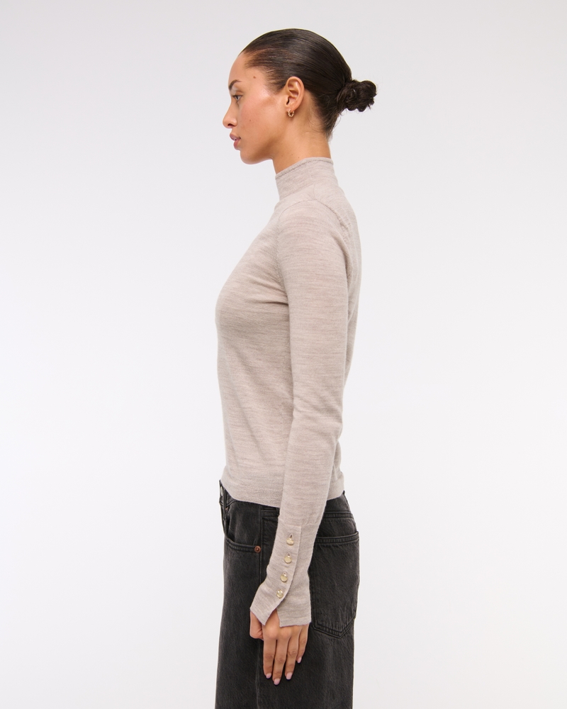 Merino Wool Button Sleeve Mockneck Top
