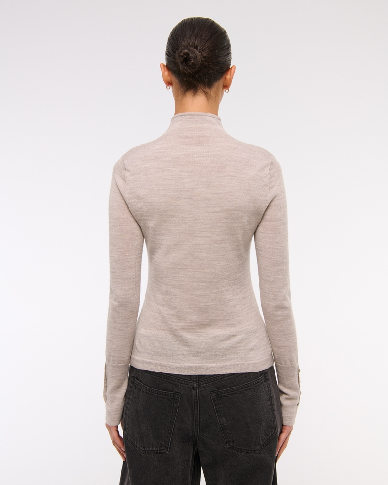 Merino Wool Button Sleeve Mockneck Top