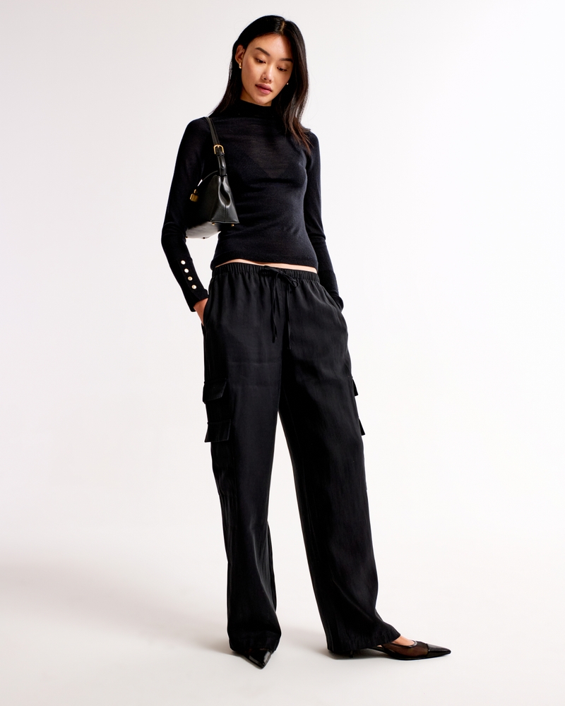 Merino Wool Button Sleeve Mockneck Top