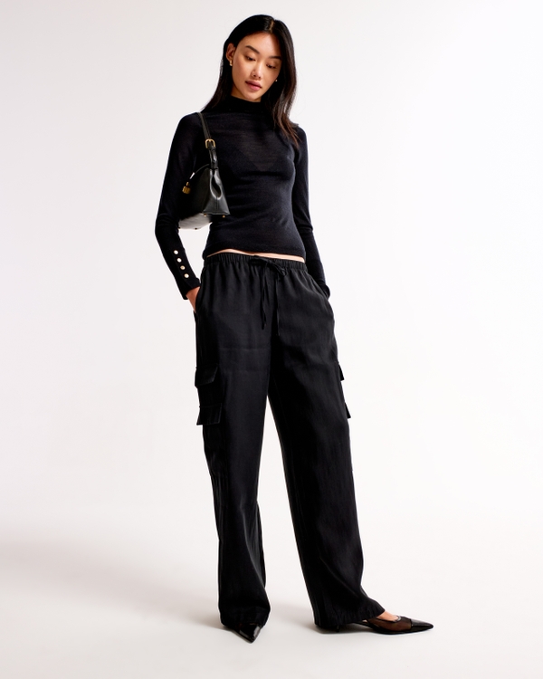 Merino Wool Button Sleeve Mockneck Top, Black view 2