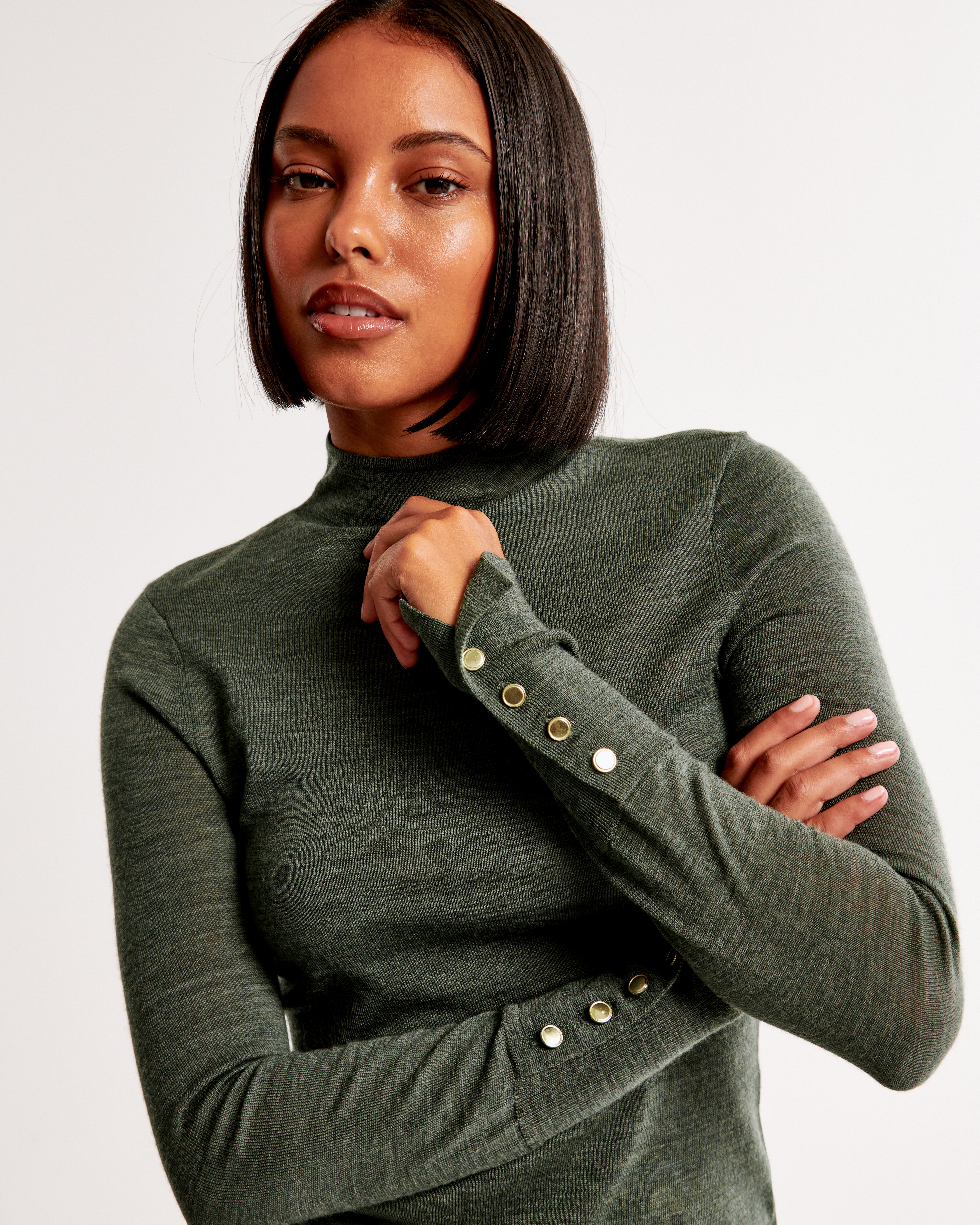 Abercrombie & Fitch Merino Wool Button Sleeve Mockneck Top In Green