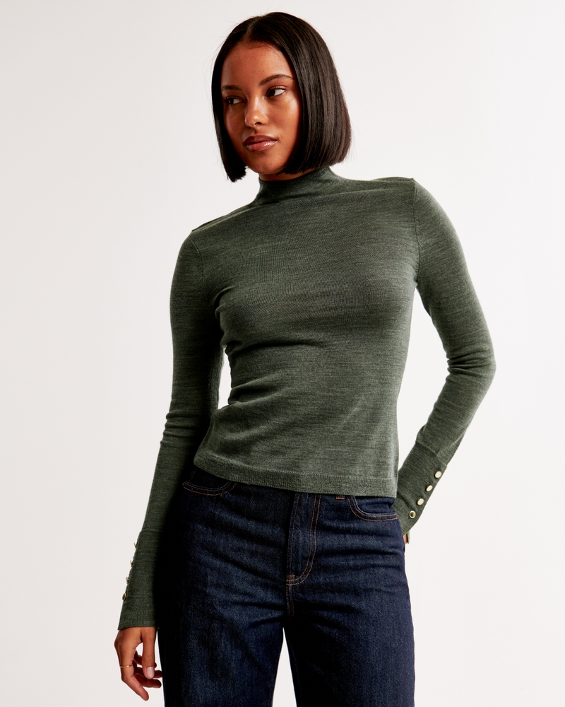 Merino Wool Button Sleeve Mockneck Top