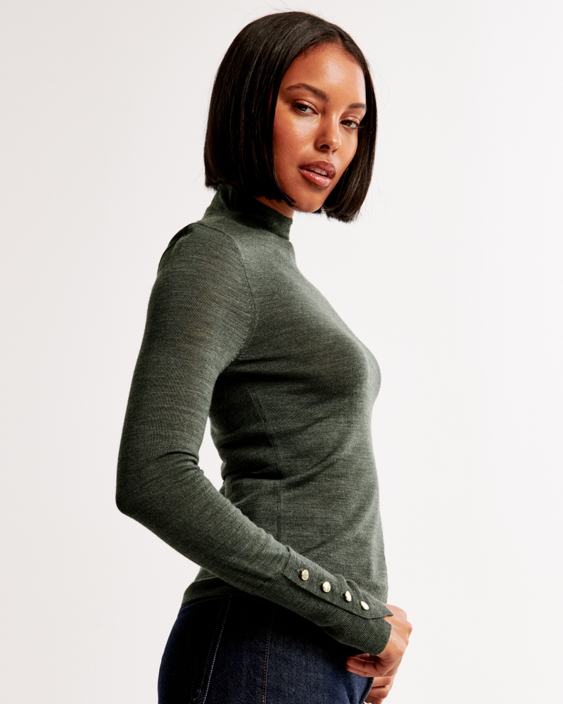 Merino Wool Button Sleeve Mockneck Top