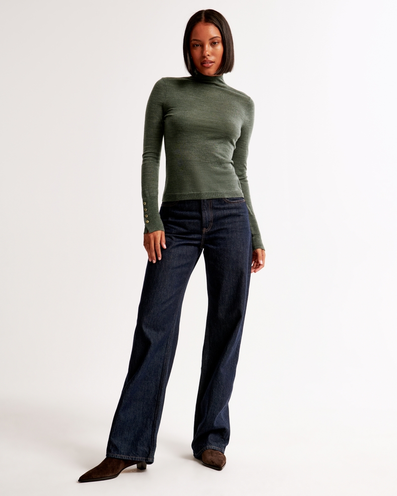 Merino Wool Button Sleeve Mockneck Top