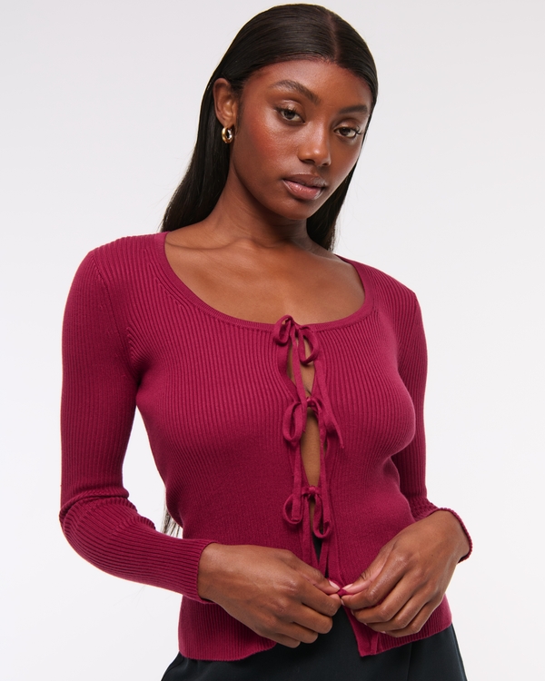 Slim Ribbed Tie-Front Cardigan, Dark Crimson