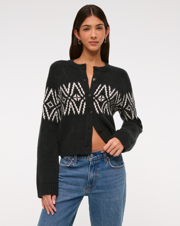 Fairisle Crew Cardigan, Black Pattern