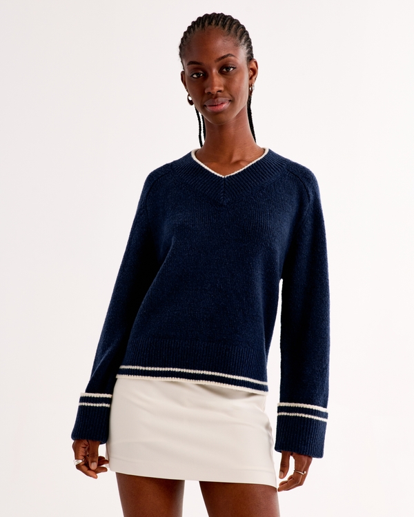 Easy V-Neck Sweater, Dark Indigo view 2