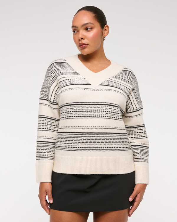 High V-Neck Sweater, Cream Pattern view 2