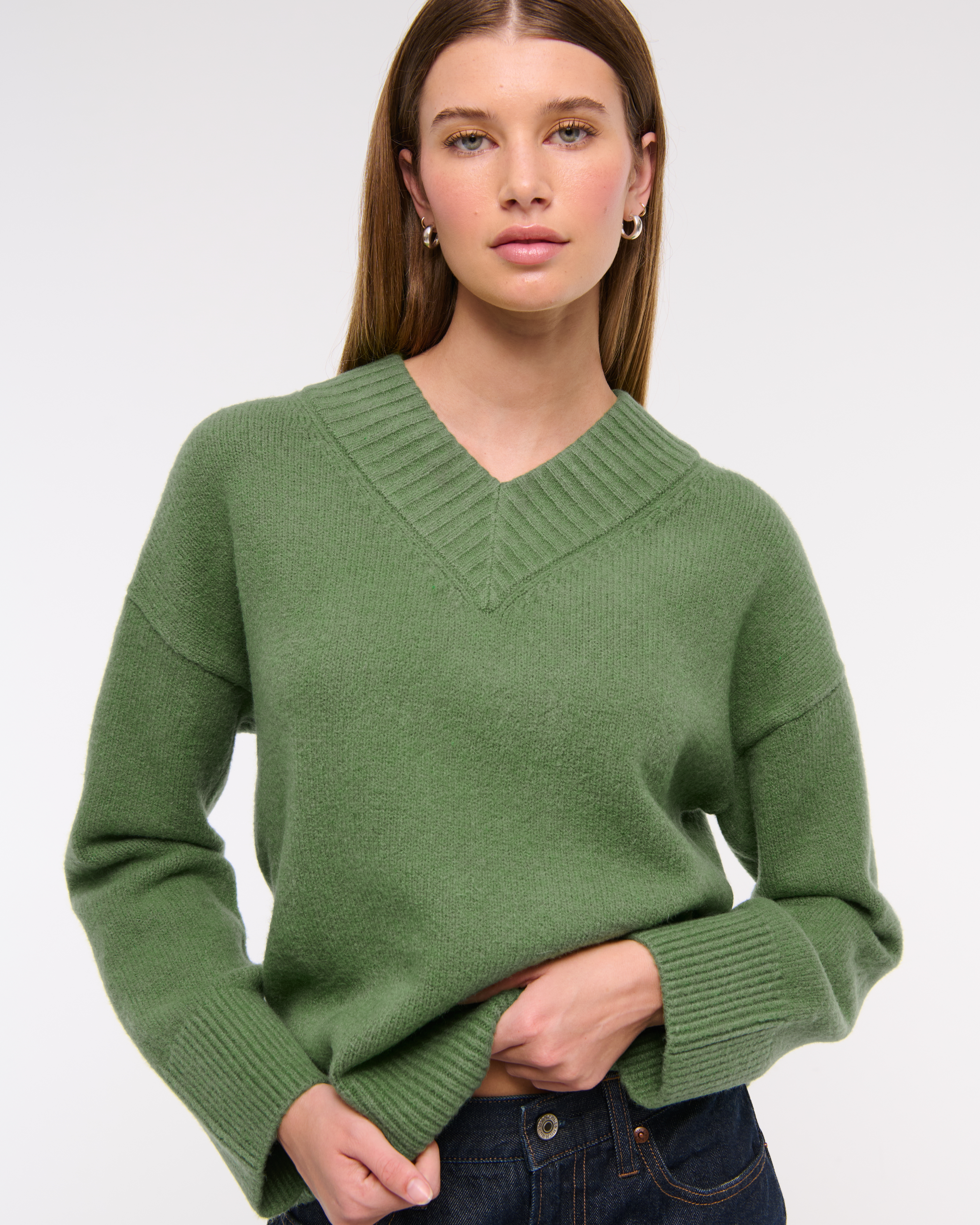Women Fashion Tops Contrast Color V Neck Loose Long Sleeve