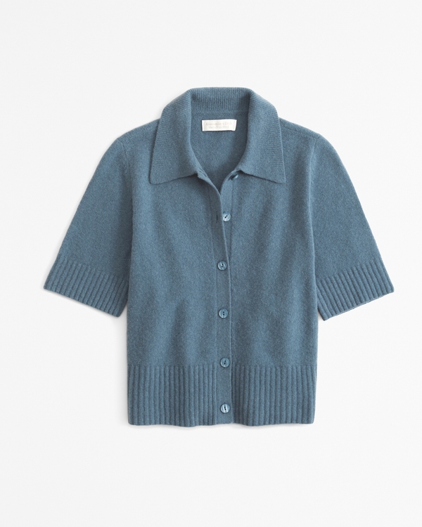 Short-Sleeve Polo Cardigan, Blue