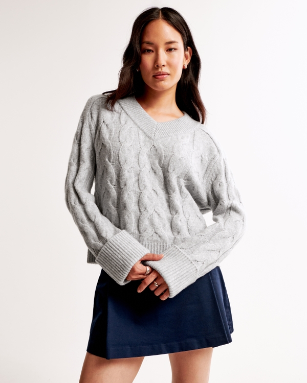 Easy V-Neck Cable Sweater, Light Gray view 1