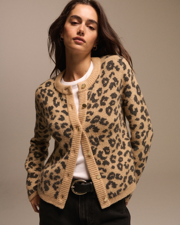 Leopard Crew Cardigan, Brown Pattern