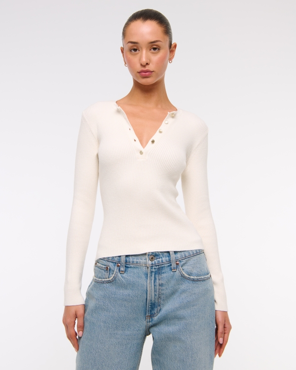Slim Henley Sweater Top, Cream view 2