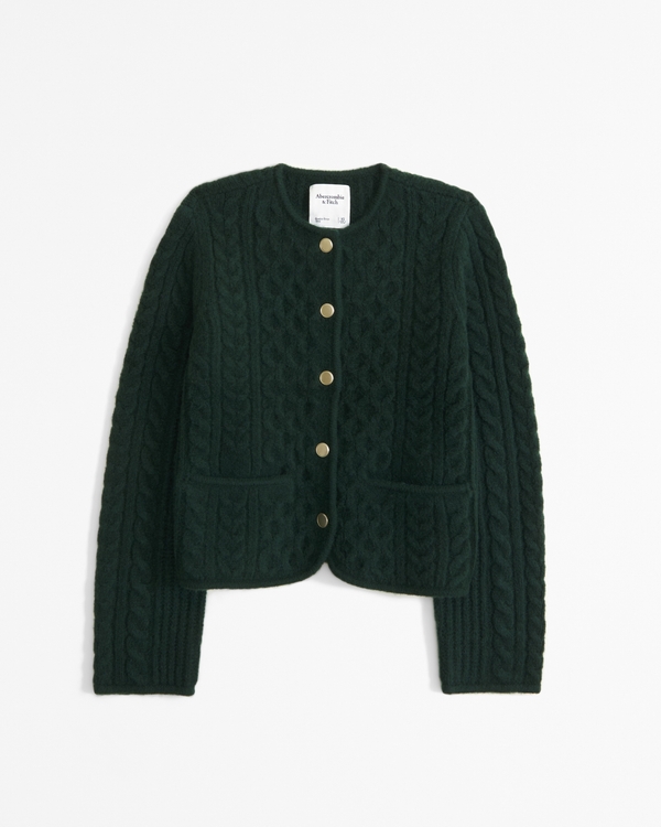 Novelty Button Cable Sweater Jacket, Deep Green