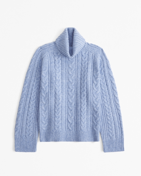 Cable Knit Turtleneck Sweater, Blue view 1