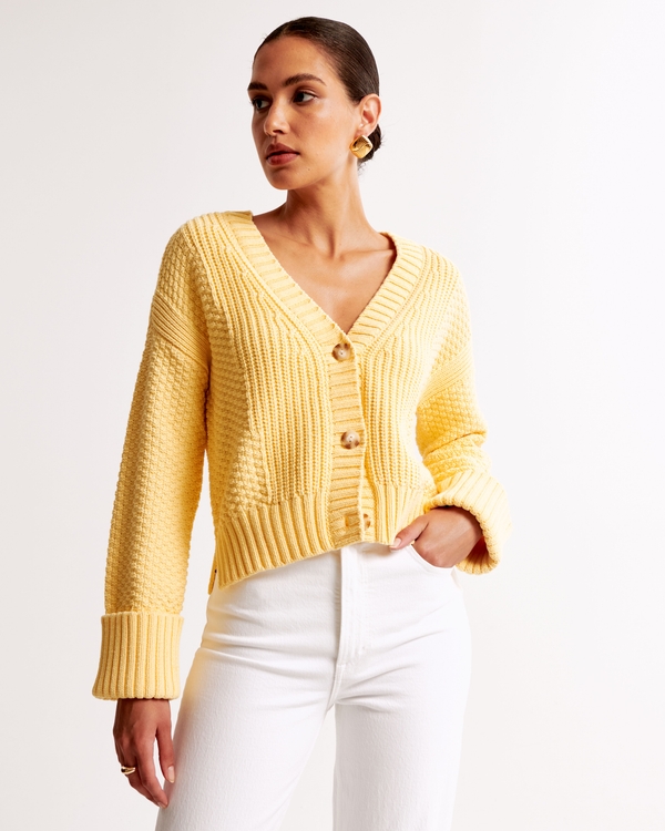 Cotton-Blend Seed Stitch Cardigan, Sunny Yellow