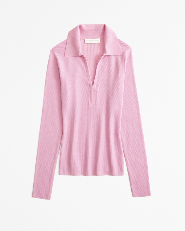 Merino Wool Half-Zip Polo, Pink view 1