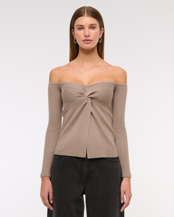 Off-The-Shoulder Twist Sweater Top, Taupe view 1