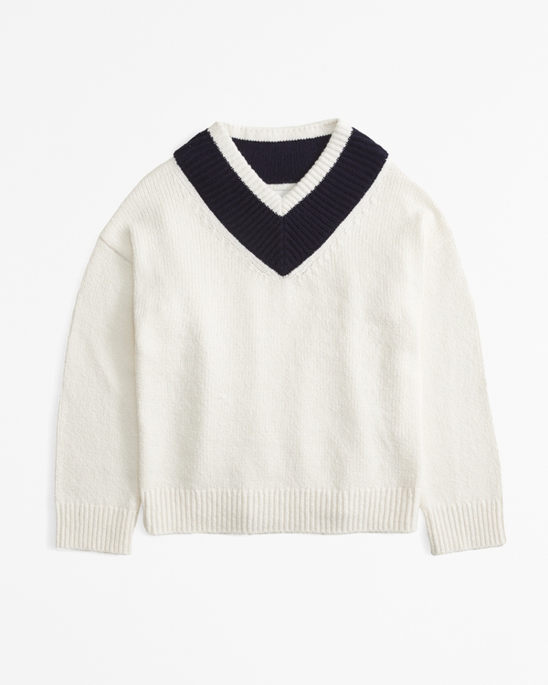 Textural V-Neck Sweater, Cream view 1