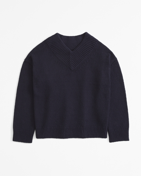 Textural V-Neck Sweater, Dark Indigo view 1