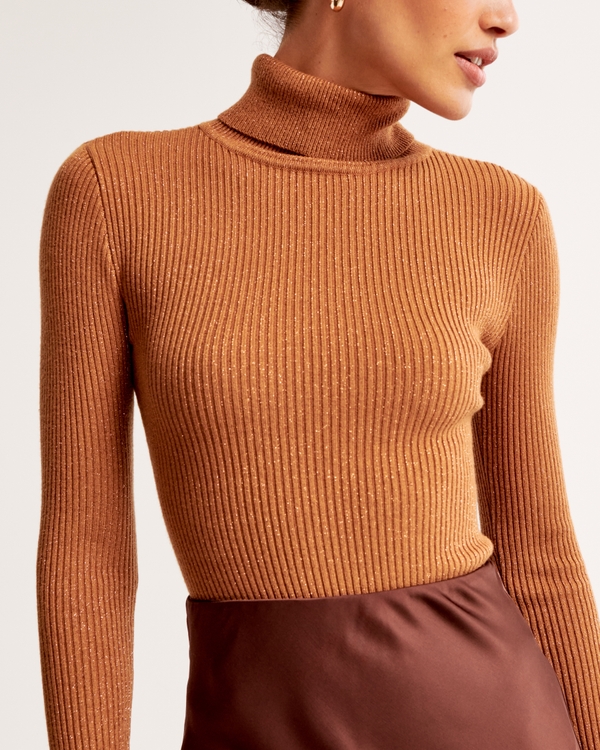 Long-Sleeve Turtleneck Ribbed Bodysuit, Light Brown Shimmer