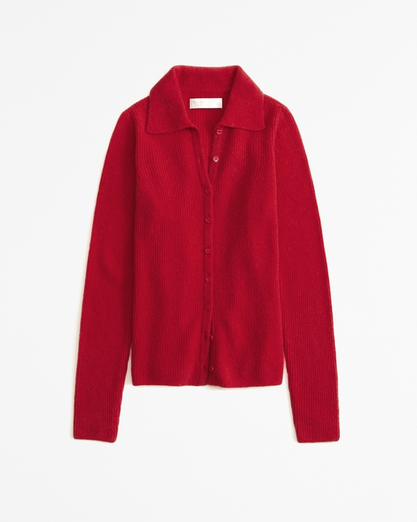Long-Sleeve Merino Wool-Blend Polo Top, Red