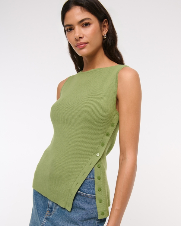 Asymmetrical Button Sweater Tank, Bottle Green view 1