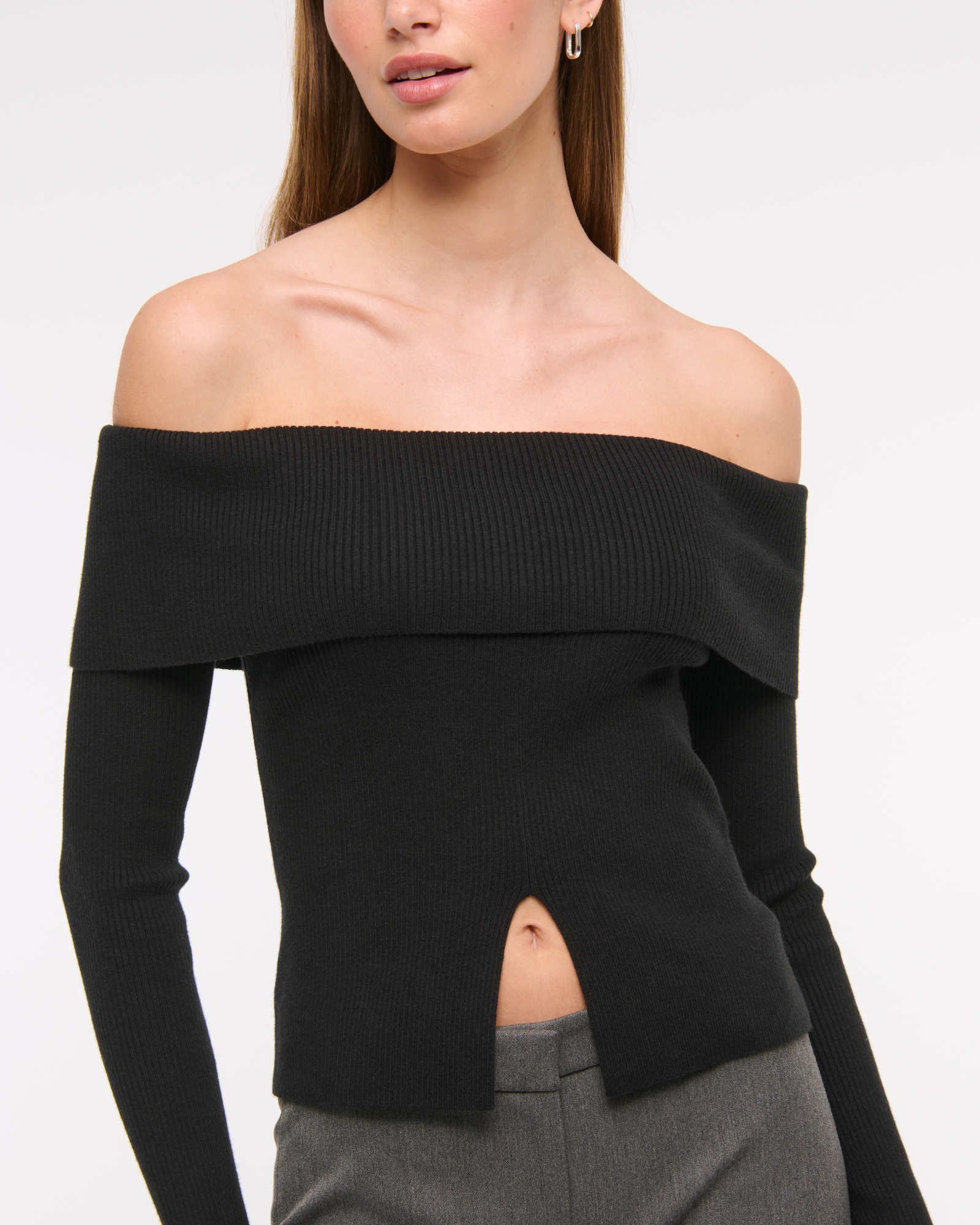 Ribbed Off-The-Shoulder Cutaway Sweater