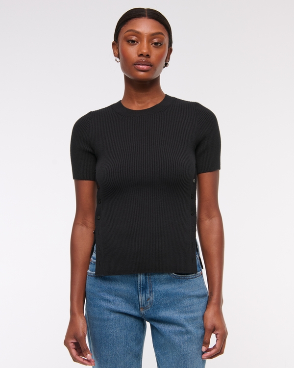 LuxeLoft Side-Button Sweater Tee, Black view 1