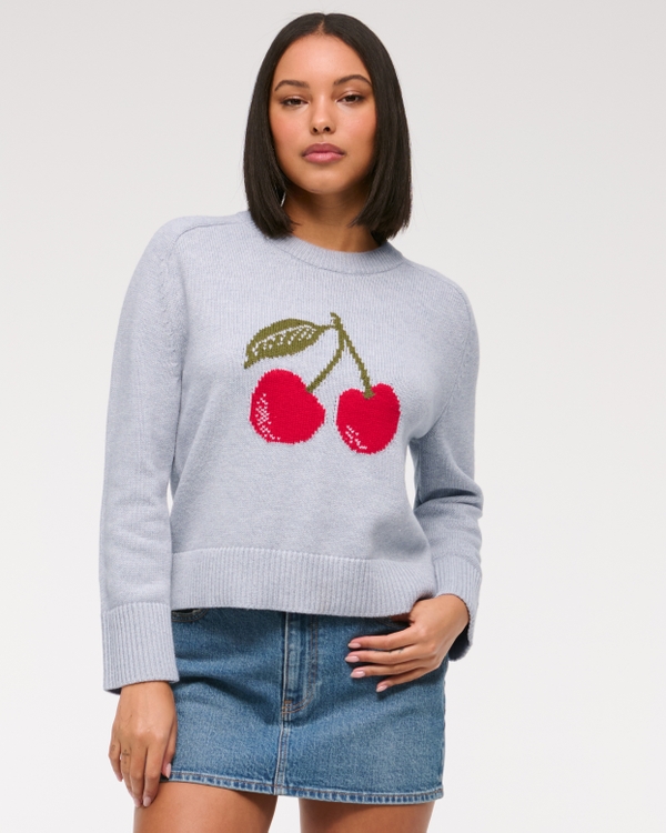 The A&F Madeline Cherry Crew Sweater, Light Gray view 2