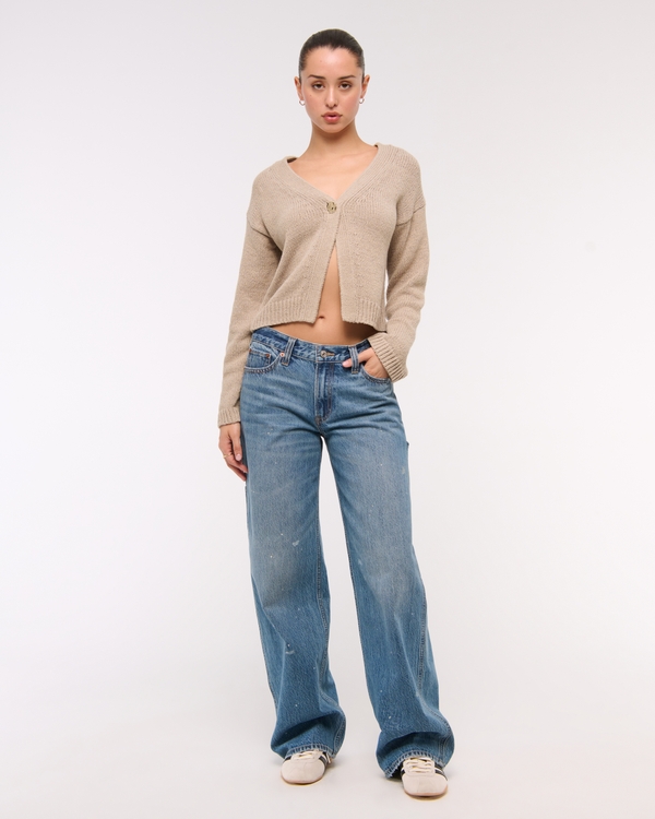 Textural 1-Button Cardigan, Light Brown view 2
