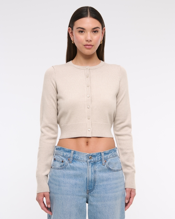 LuxeLoft Shrunken Crew Cardigan, Oatmeal view 1