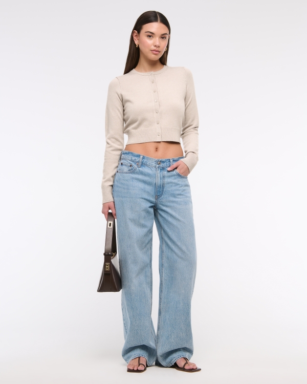 LuxeLoft Shrunken Crew Cardigan, Oatmeal view 2