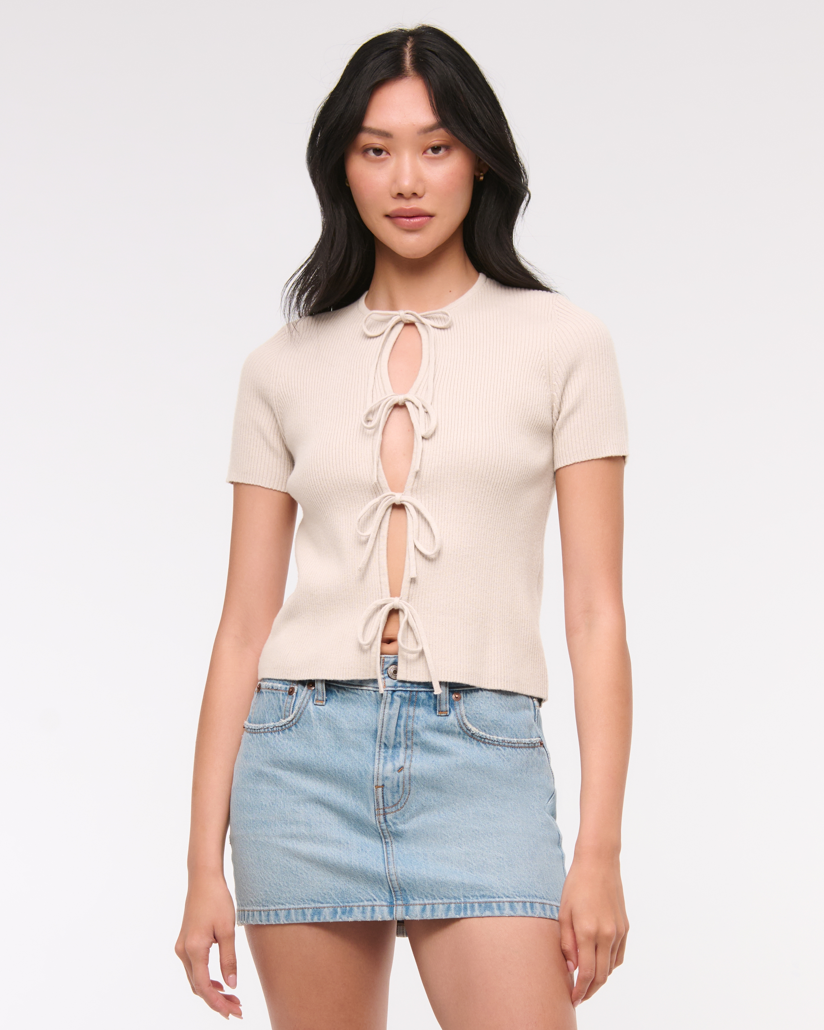 Abercrombie & Fitch Short-sleeve Tie-front Cardigan In Gray