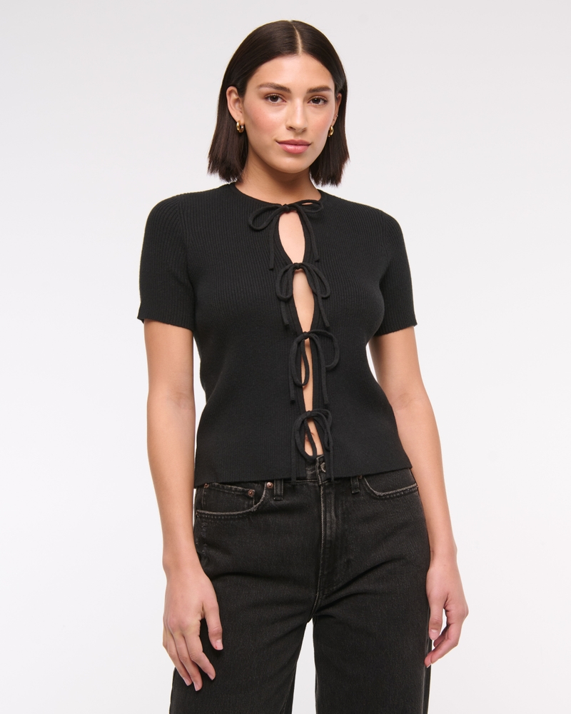 Short-Sleeve Tie-Front Cardigan